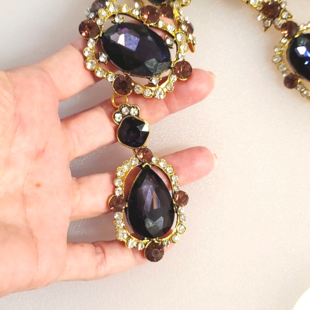 Purple amber and clear rhinestones goldtone statement necklace NIB wedding prom - Picture 2 of 10